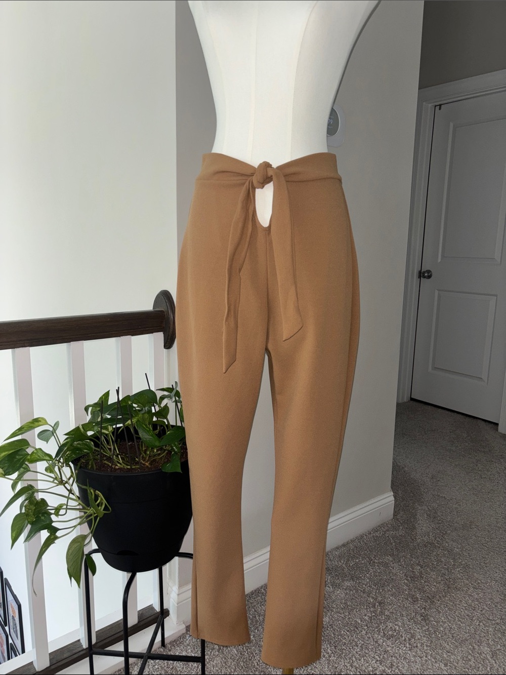 PrettyLittleThing Camel Tie-Waist Straight Leg Pants